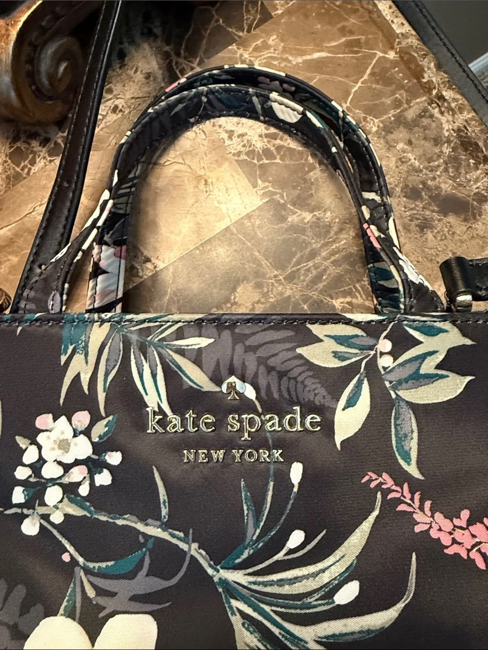 kate spade Black Floral Satchel with Pink & White Blossoms
